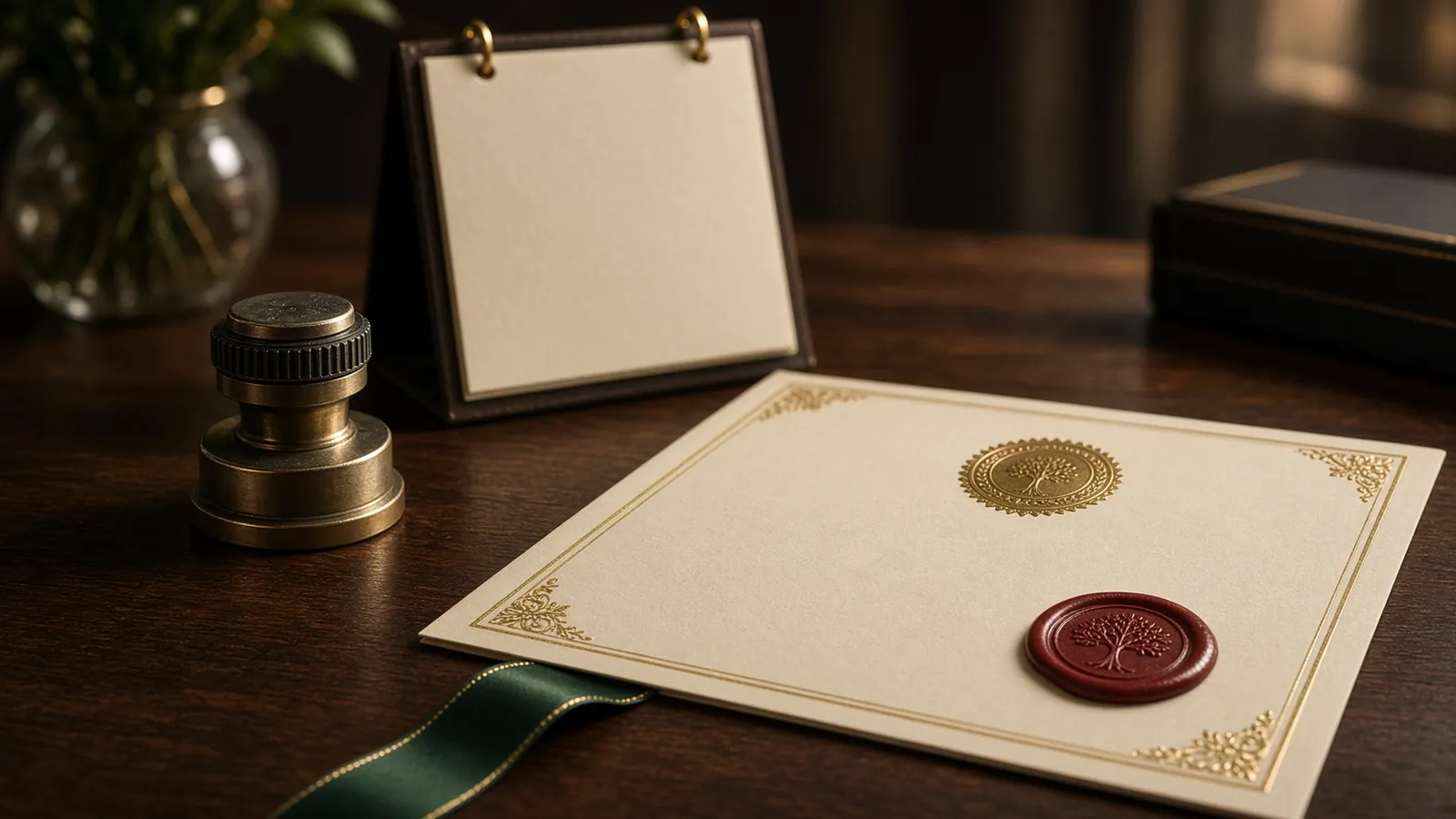 Carimbo datador e calendário ao lado de um certificado carimbado, ilustrando se a tradução juramentada tem validade